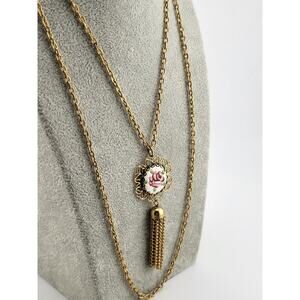 Vintage Park Lane Guilloche Rose Pendant Double Chain Tassel Necklace 1970s